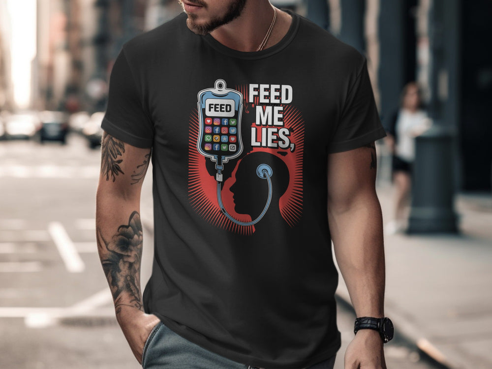 Man wearing a black t-shirt with a graphic design and text 'FEED ME LIES' on a city street.