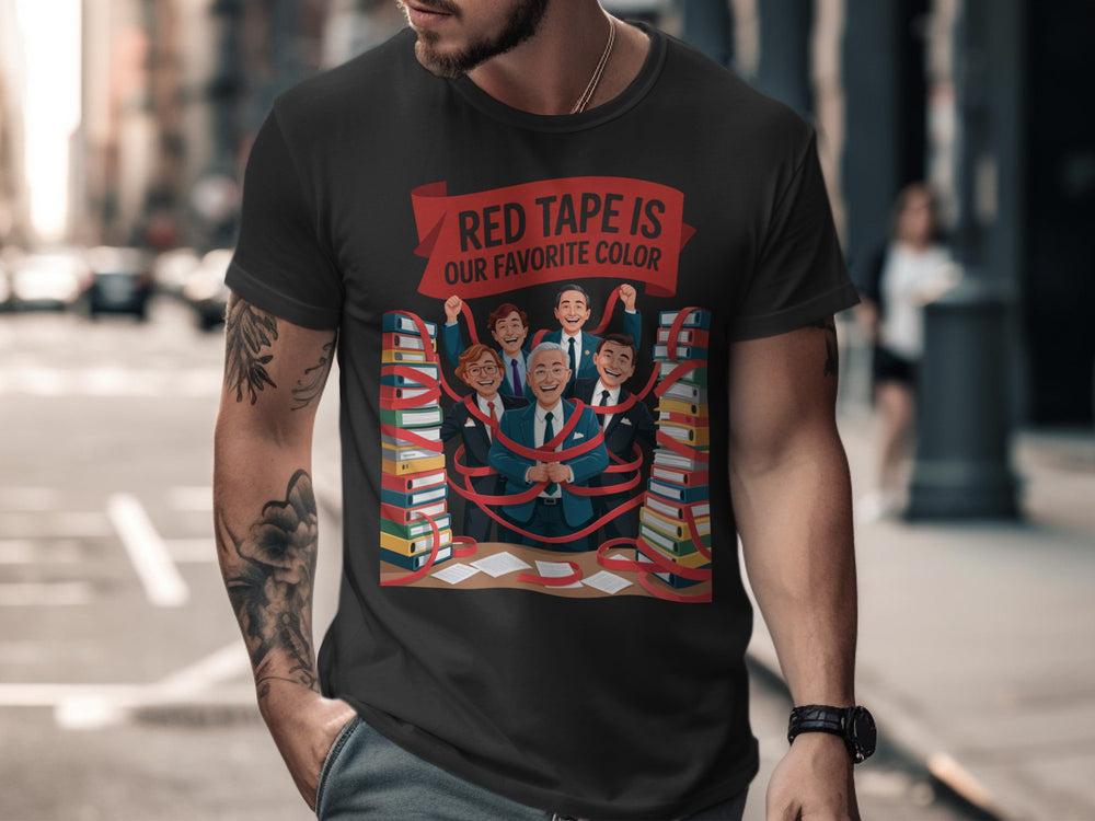 Person wearing a black t-shirt with a graphic design and text on a city street.