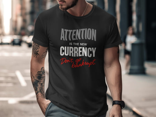 Man wearing a black t-shirt with text on a city street
