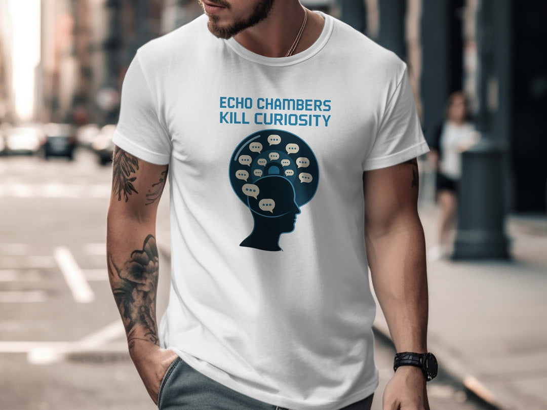 Person wearing a white t-shirt with a graphic design and text on a city street.