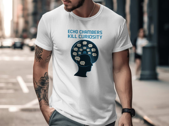 Person wearing a white t-shirt with a graphic design and text on a city street.