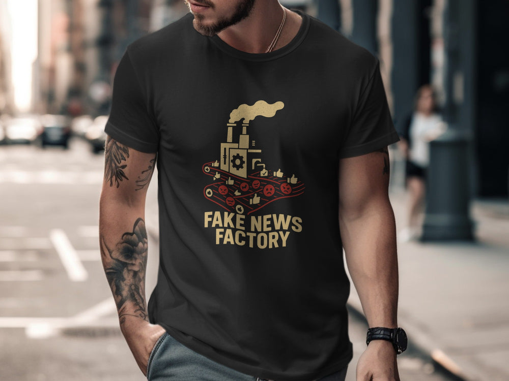 Man wearing a black t-shirt with 'Fake News Factory' graphic on a city street.