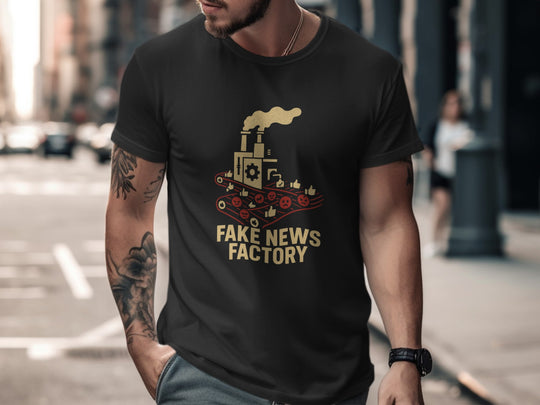 Man wearing a black t-shirt with 'Fake News Factory' graphic on a city street.