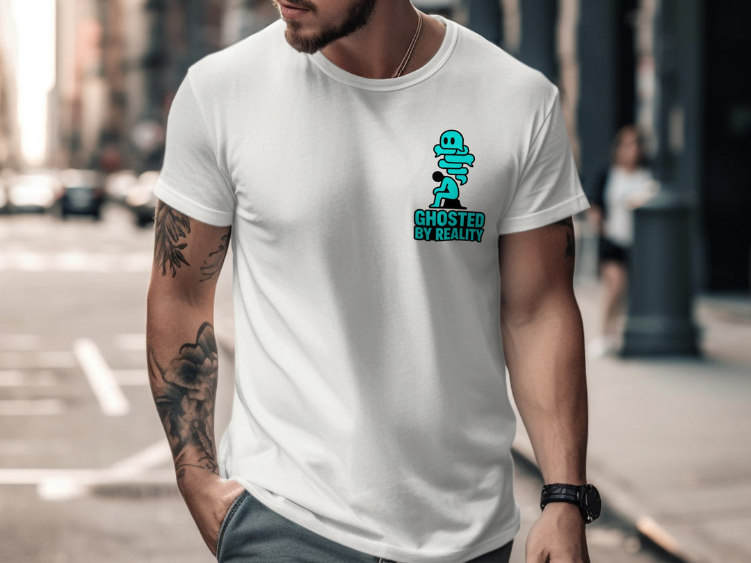 Man wearing a white t-shirt with a graphic design on a city street
