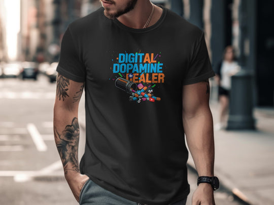 Man wearing a black t-shirt with colorful text and graphics on a city street.