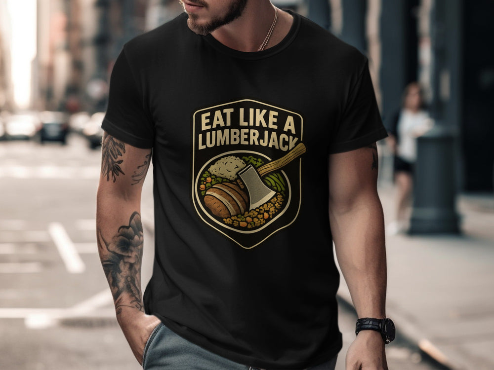 Lumberjack Thanksgiving T-shirt with axe over plate badge; “Eat Like a Lumberjack”