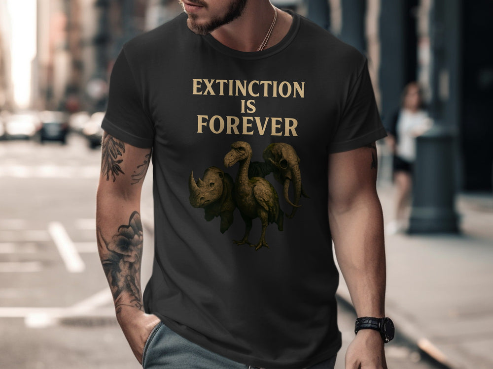 Man wearing a black t-shirt with 'Extinction is Forever' and a dinosaur graphic on a city street.