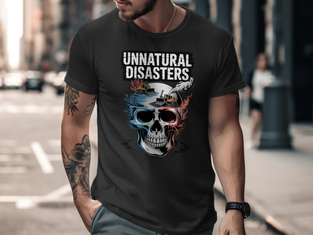 Person wearing a black t-shirt with 'Unnatural Disasters' graphic design on a city street.