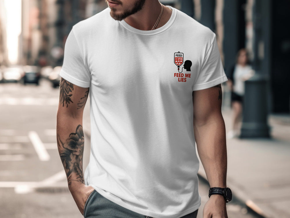 Man wearing a white t-shirt with a graphic design on a city street
