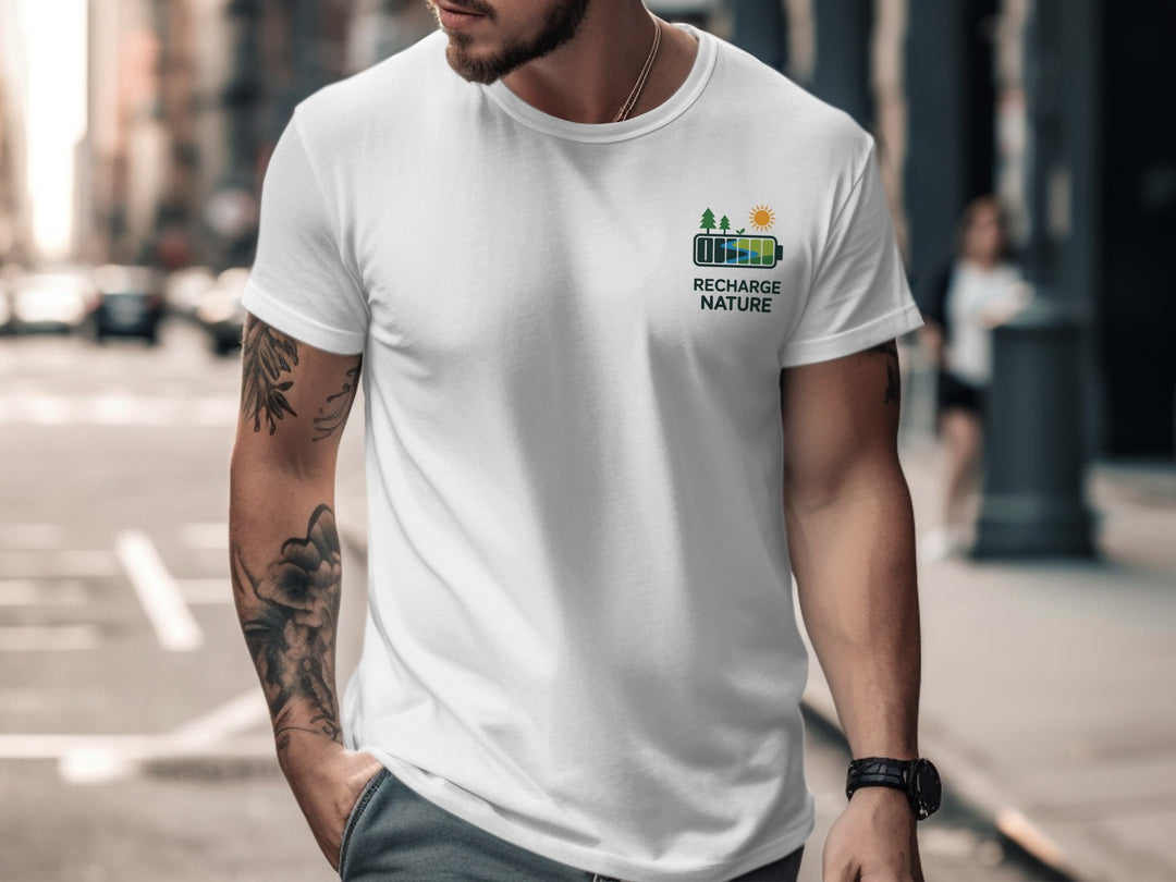 Man wearing a white t-shirt with a logo and text on a city street