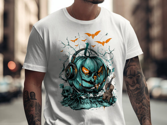 Person wearing a white t-shirt with a teal pumpkin graphic and text in an urban setting