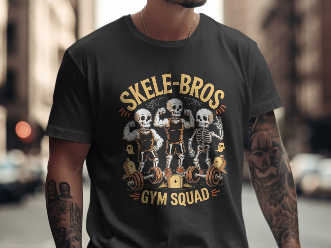 Person wearing a black t-shirt with 'Skele-Bros Gym Squad' design in an urban setting