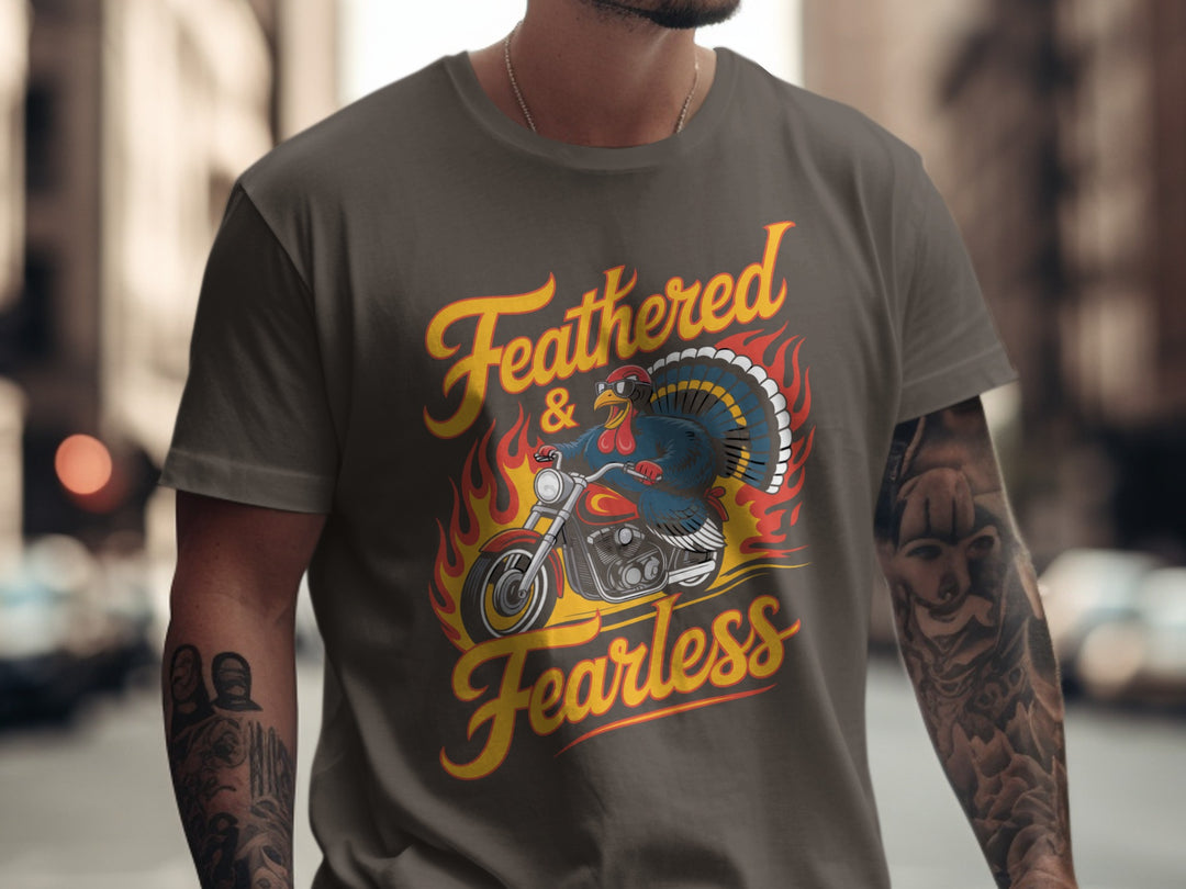 Thanksgiving turkey t-shirt with biker turkey “Feathered & Fearless” flame design for men