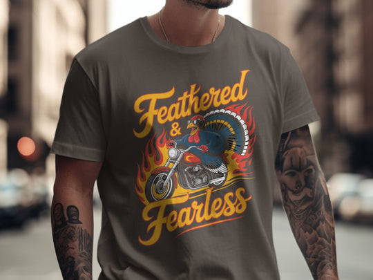 Thanksgiving turkey t-shirt with biker turkey “Feathered & Fearless” flame design for men