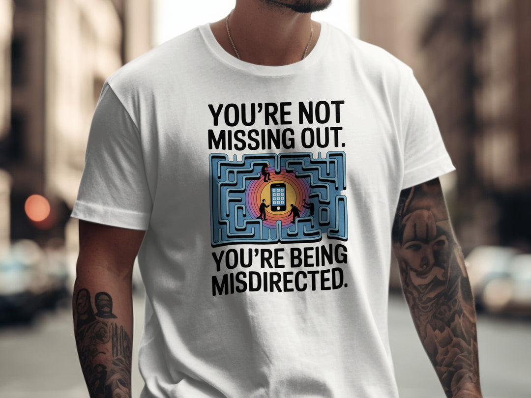 social media t-shirt men with maze phone graphic and “you’re not missing out” quote
