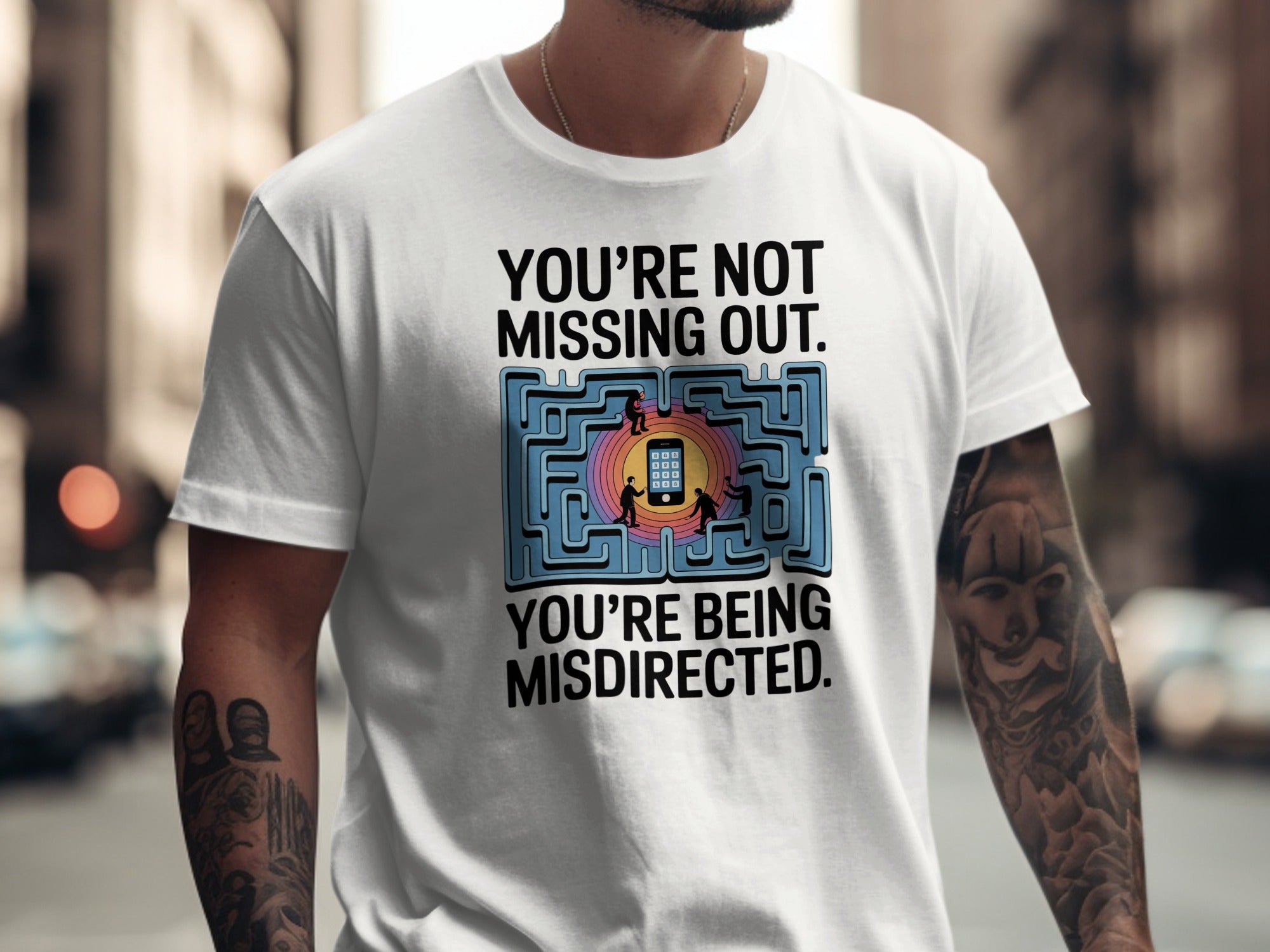 social media t-shirt men with maze phone graphic and “you’re not missing out” quote