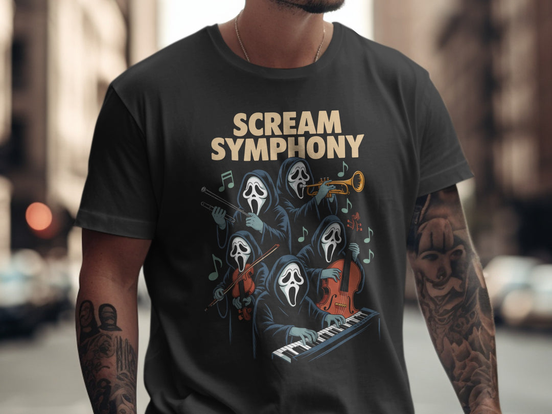 Person wearing a black t-shirt with 'Scream Symphony' graphic design.