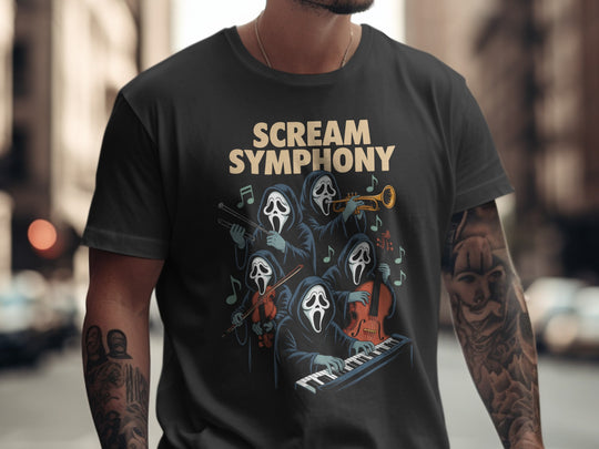 Person wearing a black t-shirt with 'Scream Symphony' graphic design.