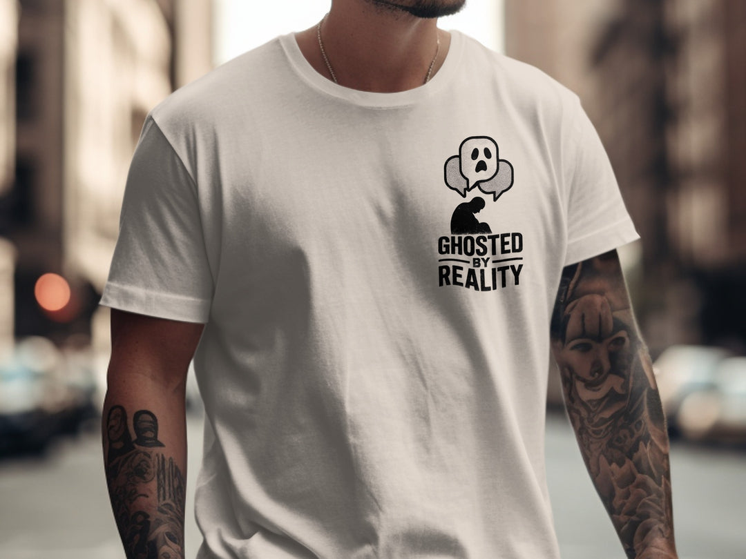 Person wearing a natural color t-shirt with a graphic design and text in an urban setting