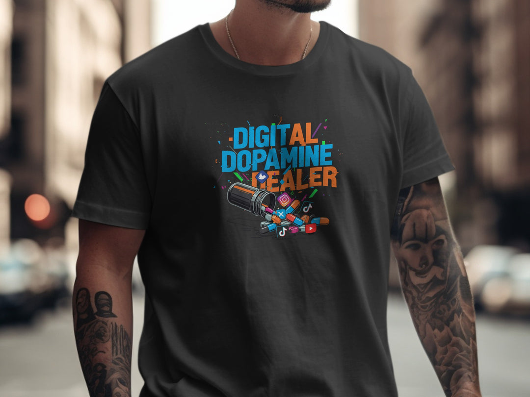 Person wearing a black t-shirt with colorful graphic and text 'Digital Dopamine Healer' on a blurred city street background.