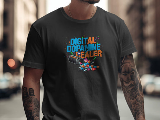 Person wearing a black t-shirt with colorful graphic and text 'Digital Dopamine Healer' on a blurred city street background.