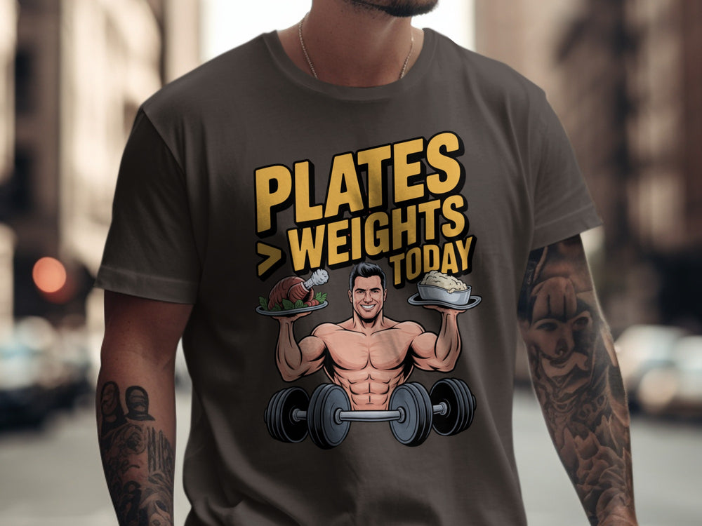 Thanksgiving men’s T-shirt with bodybuilder holding turkey and mashed potatoes; “Plates > Weights Today” text