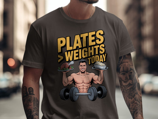Thanksgiving men’s T-shirt with bodybuilder holding turkey and mashed potatoes; “Plates > Weights Today” text