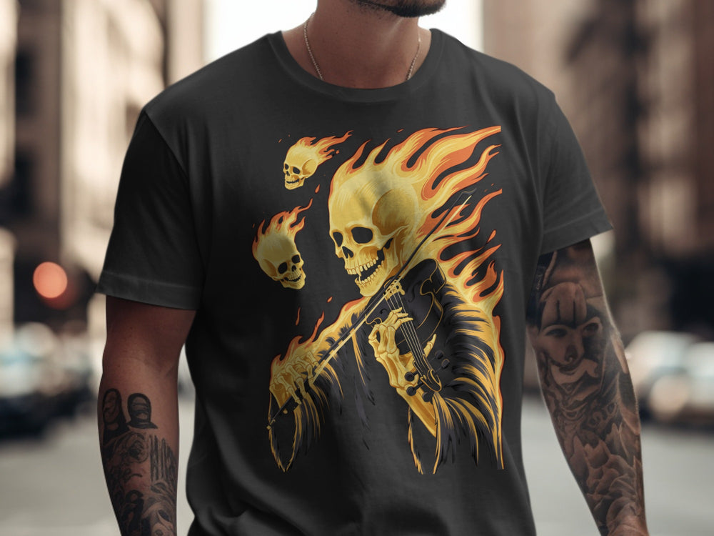 Person wearing a black t-shirt with a graphic design of a flaming skeleton playing a guitar.