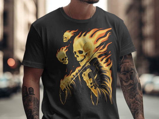 Person wearing a black t-shirt with a graphic design of a flaming skeleton playing a guitar.