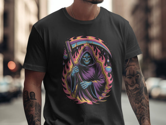 Person wearing a black t-shirt with a colorful graphic design of a hooded figure holding a scythe.