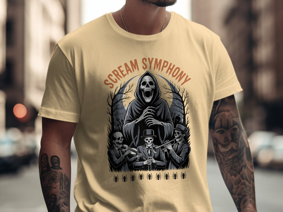 Person wearing a yellow haze t-shirt with 'Scream Symphony' graphic design.