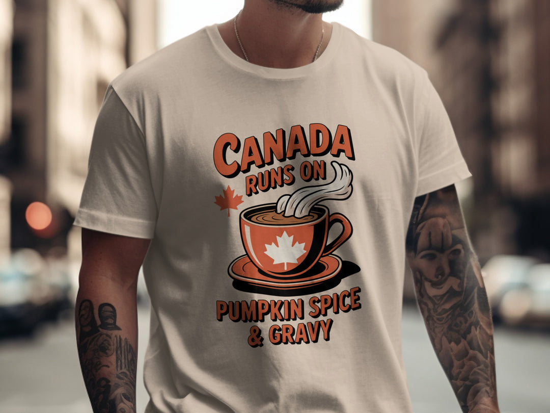 canadian thanksgiving t-shirt with maple cup “pumpkin spice & gravy” design for men