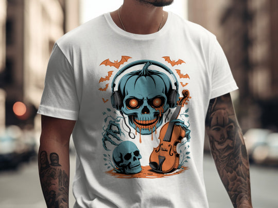 Person wearing a white t-shirt with a skull and violin design in an urban setting
