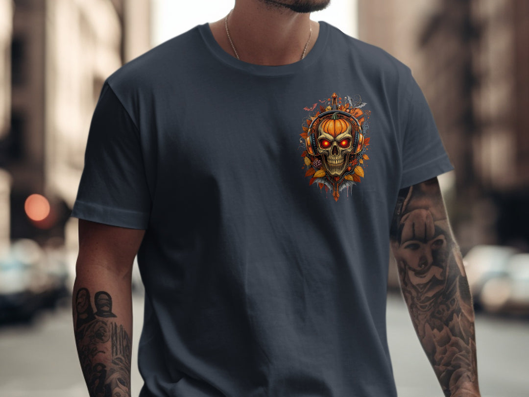 Person wearing a navy blue t-shirt with a colorful skull design on a city street.