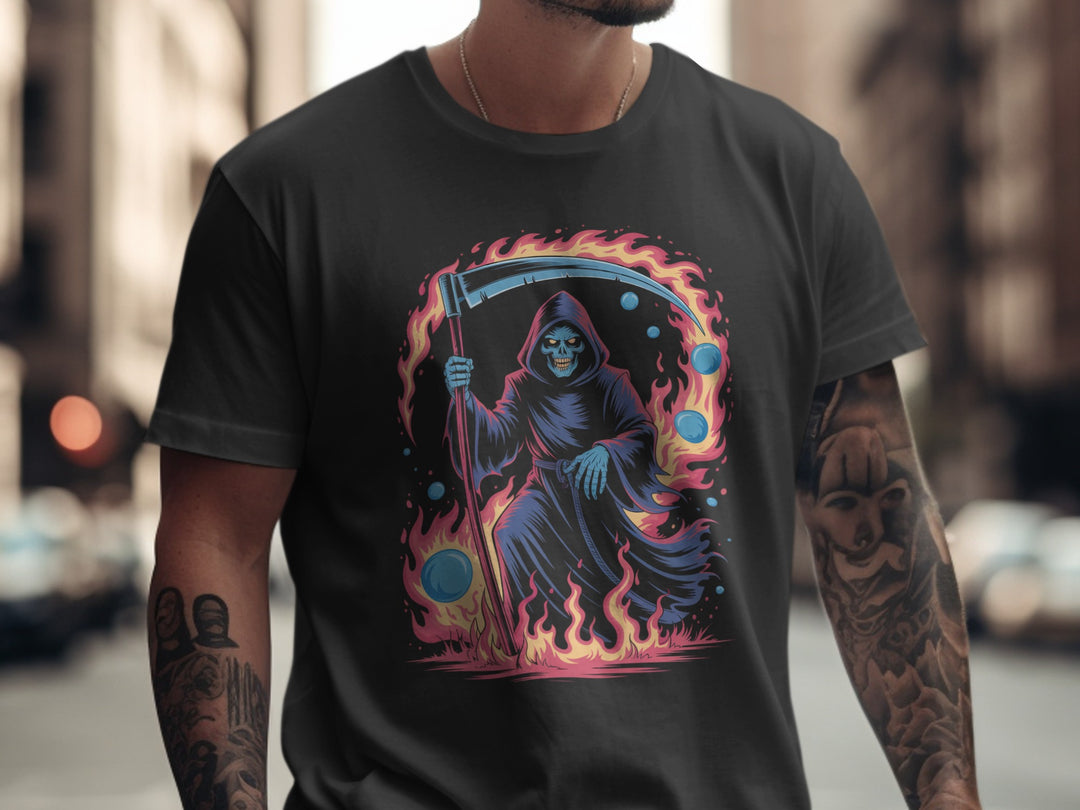 Person wearing a black t-shirt with a colorful graphic design of a Grim Reaper on a blurred city street background.