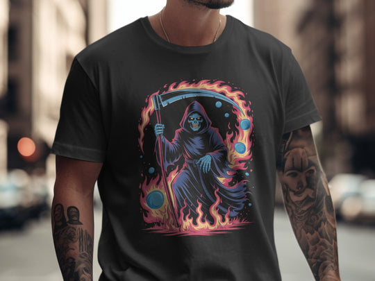 Person wearing a black t-shirt with a colorful graphic design of a Grim Reaper on a blurred city street background.
