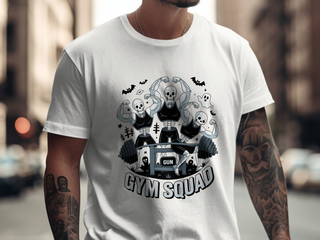 Person wearing a white t-shirt with 'Gym Squad' graphic design.