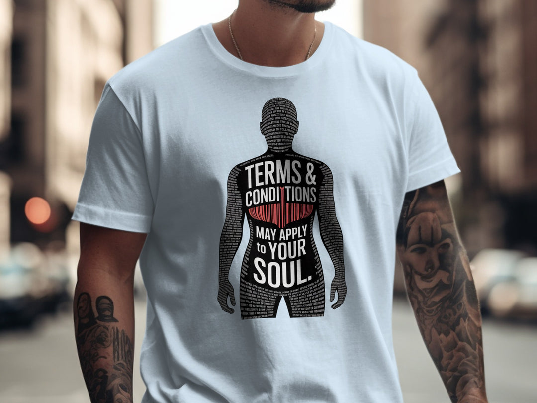 Person wearing a white t-shirt with a graphic design and text.