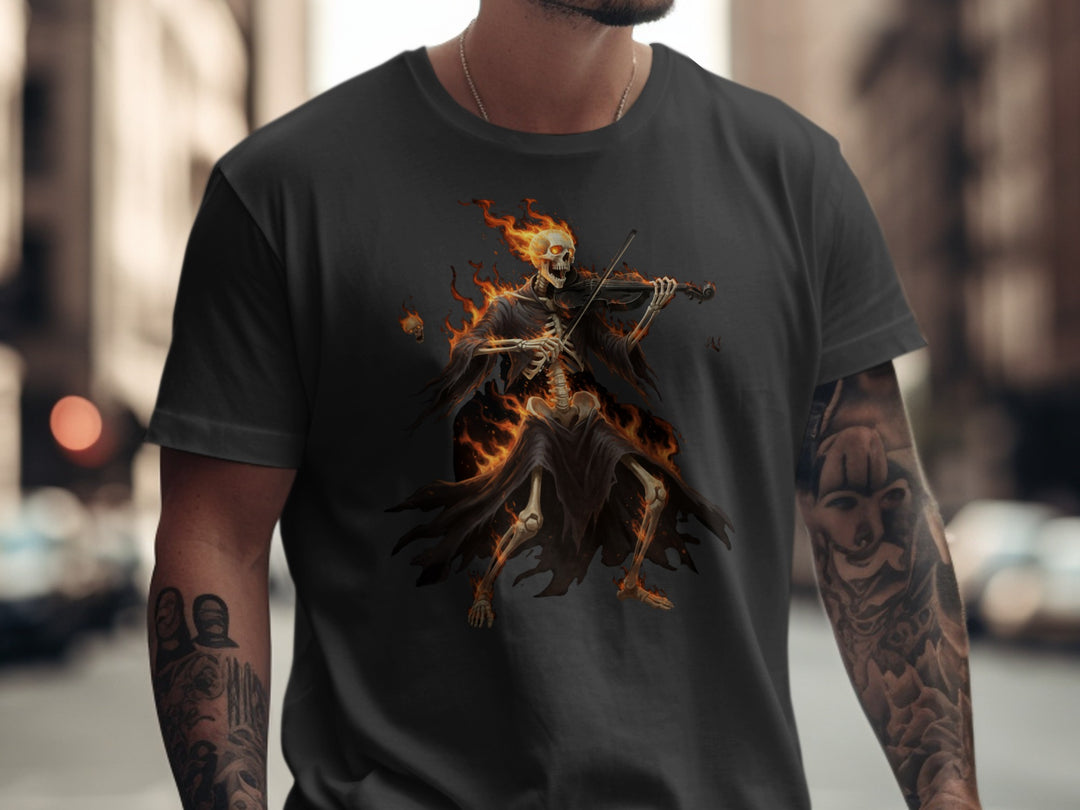 Person wearing a black t-shirt with a fiery skeleton playing violin design.