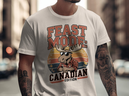 canadian thanksgiving t-shirt with feast mode moose graphic for men