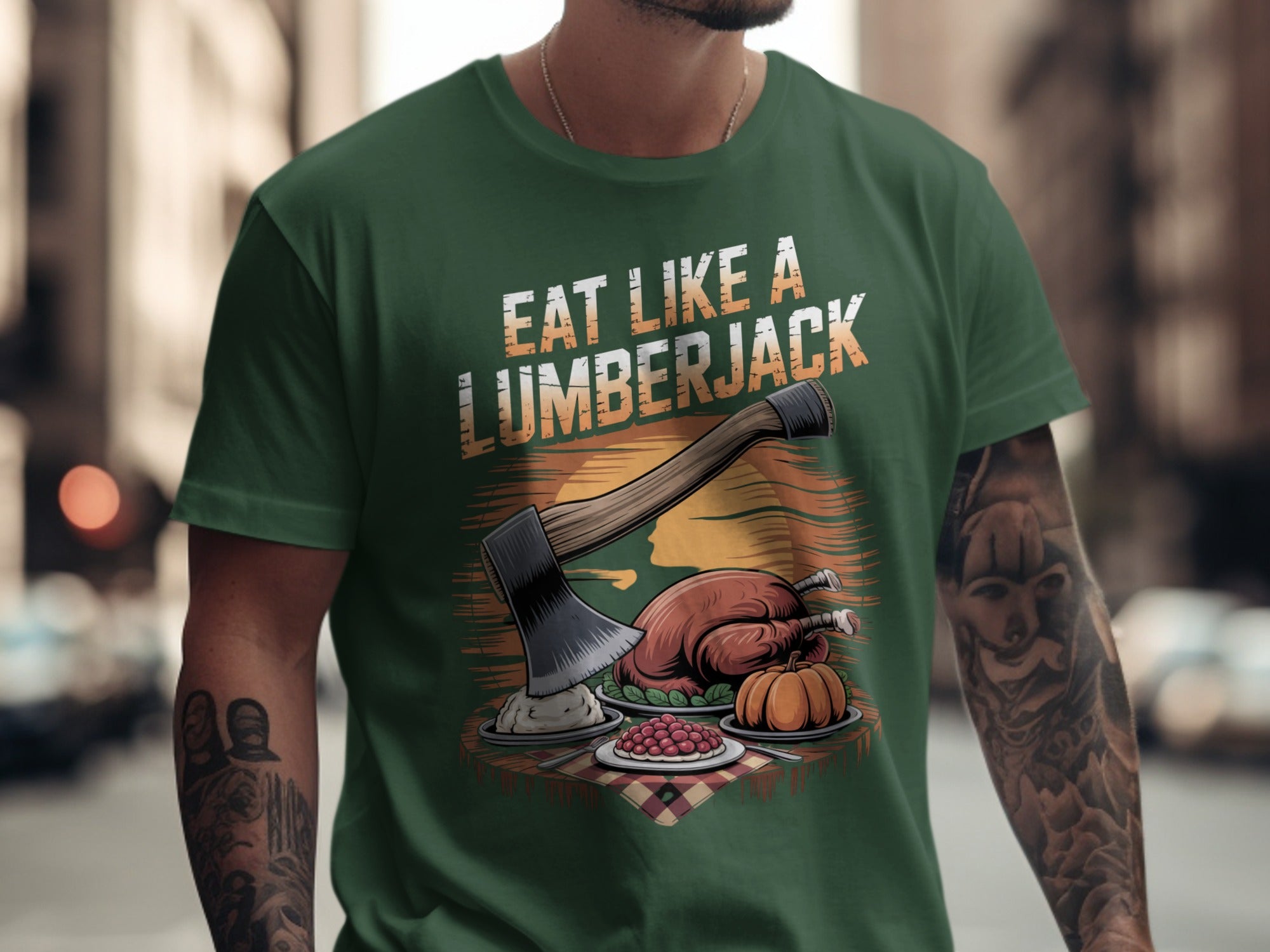 Person wearing a green t-shirt with a lumberjack-themed graphic and text.