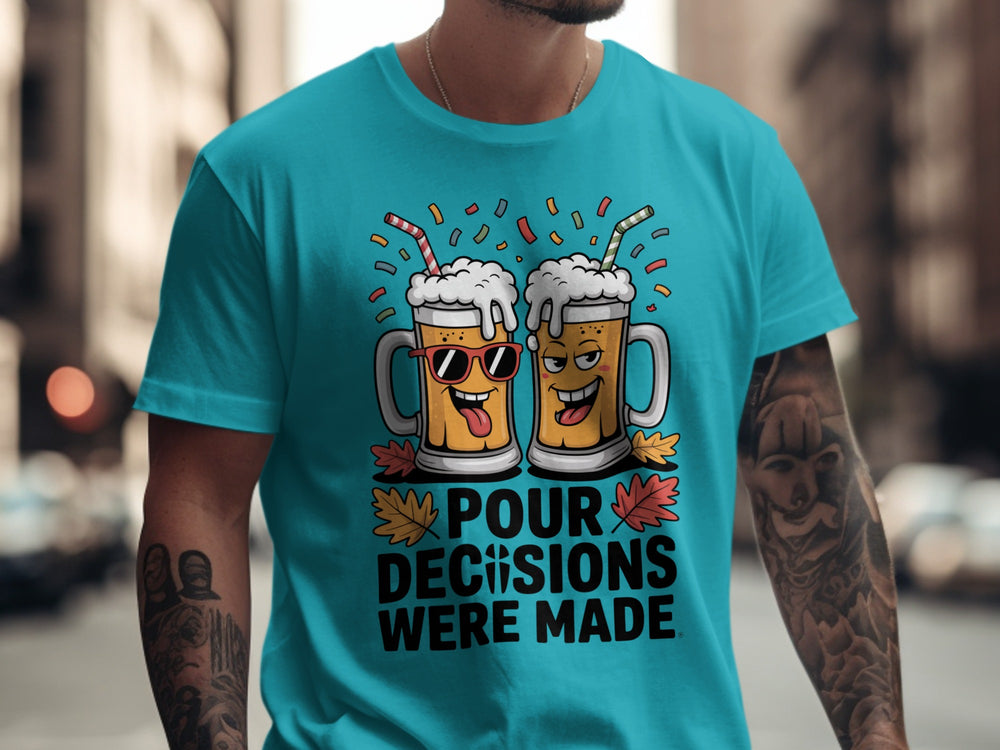 Person wearing a blue t-shirt with beer mugs and text design.