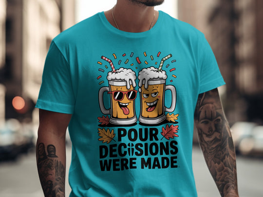 Person wearing a blue t-shirt with beer mugs and text design.