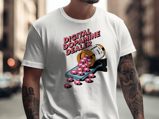 Person wearing a white t-shirt with 'Digital Dopamine Dealer' graphic design.
