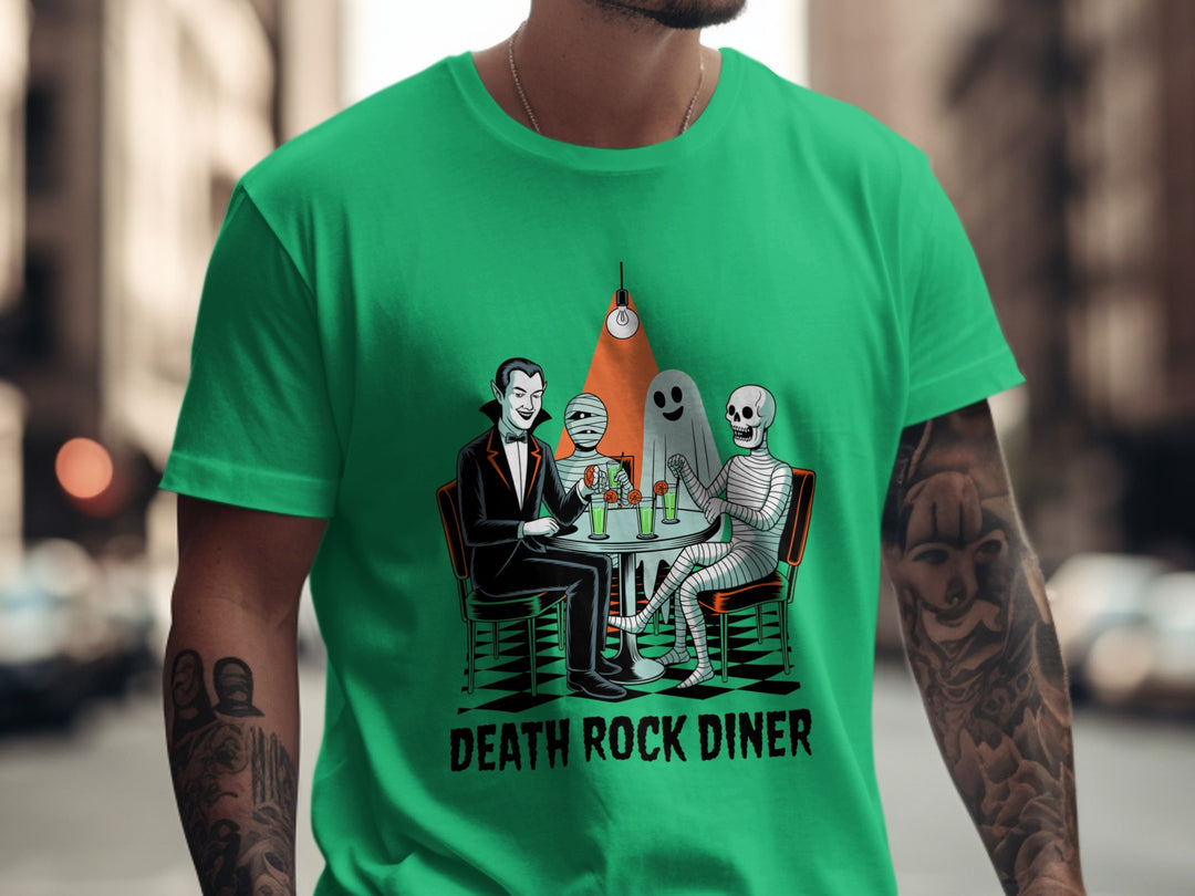 Green t-shirt with 'Death Rock Diner' graphic on a person in an urban setting