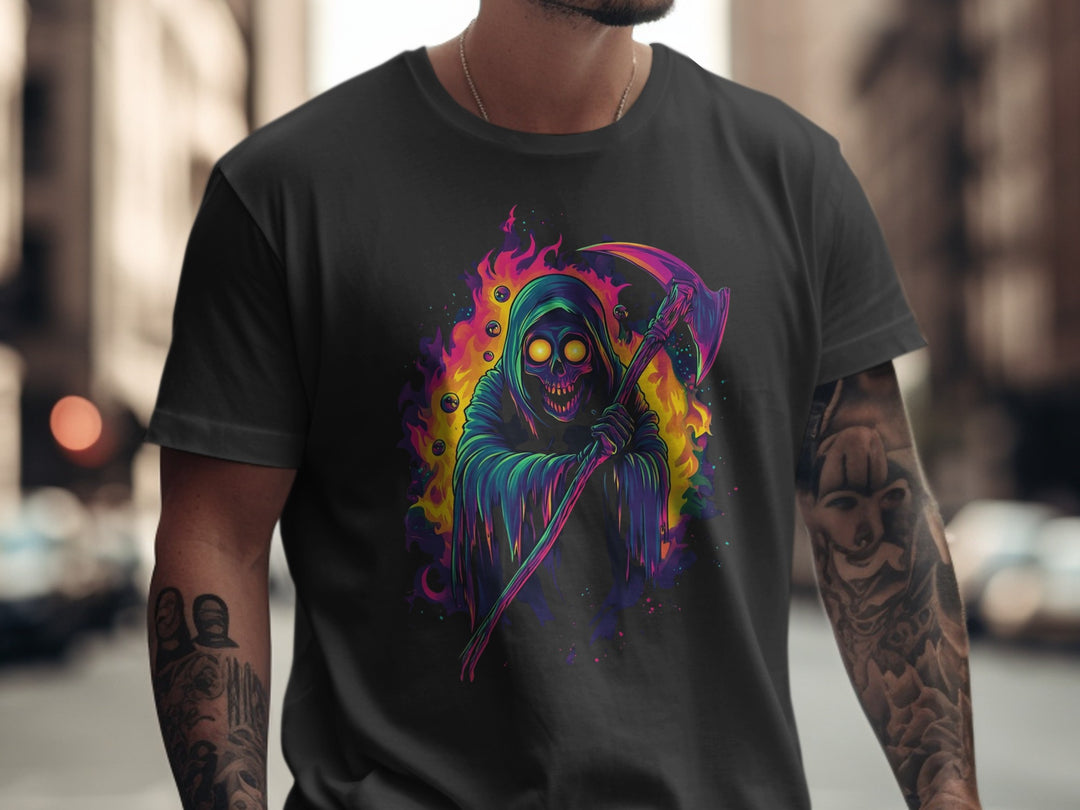Person wearing a black t-shirt with a colorful graphic design of a stylized Grim Reaper.