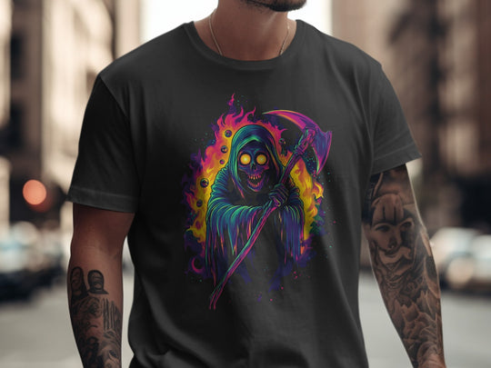 Person wearing a black t-shirt with a colorful graphic design of a stylized Grim Reaper.