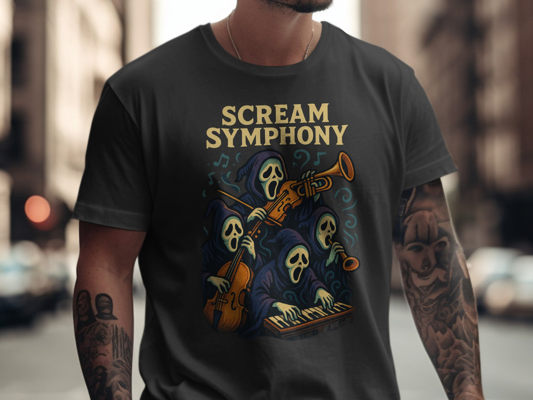 Person wearing a black t-shirt with 'Scream Symphony' graphic design.