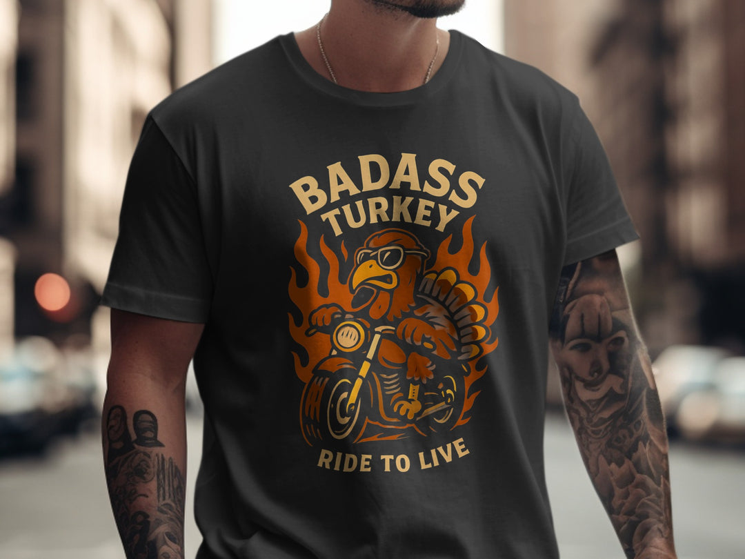 Person wearing a black t-shirt with 'Badass Turkey' graphic design.
