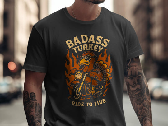 Person wearing a black t-shirt with 'Badass Turkey' graphic design.